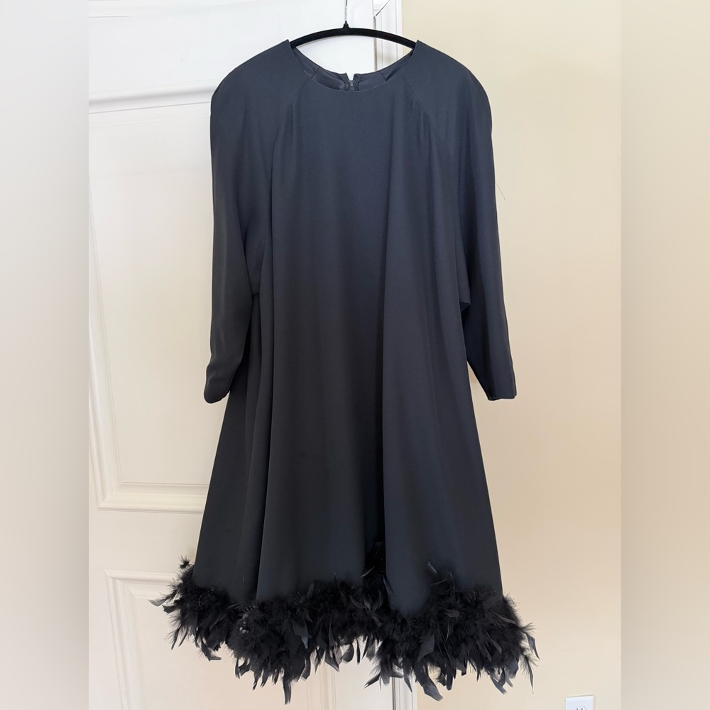 Vintage Miss Elliette Black Feather Trim Dress Long Sleeve 1960s Size 22